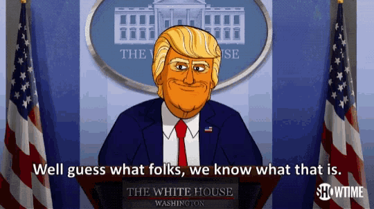 a cartoon of donald trump is giving a speech at the white house