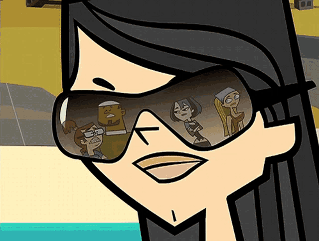 a cartoon of a woman wearing sunglasses with a reflection of a group of people