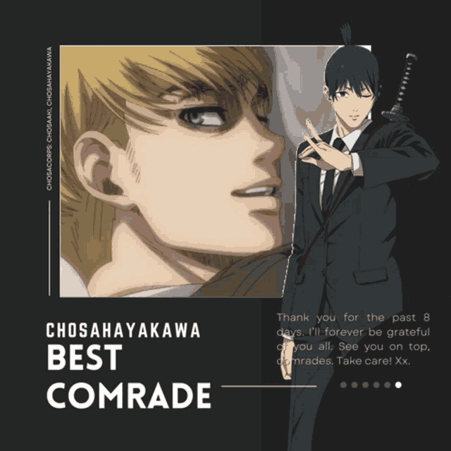 a poster for chosahayakawa best comrade with a picture of a man in a suit