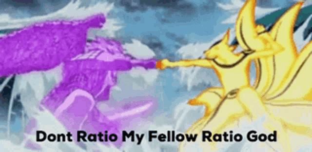 a purple dragon and a yellow dragon are fighting each other with the words dont ratio my fellow ratio god below them .