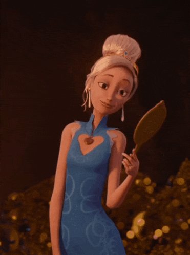 a cartoon girl in a blue dress holds a mirror