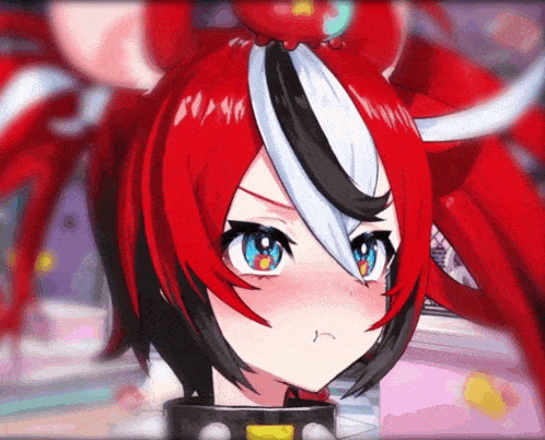 a close up of a anime character with red hair