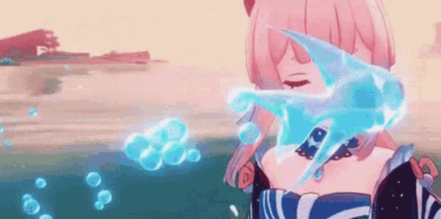 a girl with pink hair is holding a sword in her hand and a sword in her mouth .