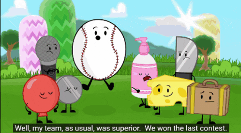 a group of cartoon characters are standing in a field and one of them is a baseball