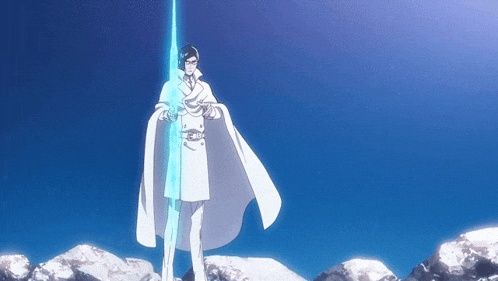 a man in a white cape holds a sword in front of a blue sky