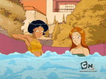 a cartoon of two girls in a pool with cn on the bottom right