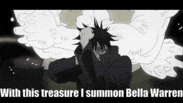 a cartoon of a man with wings and the words `` with this treasure i summon bella warren '' on the bottom .