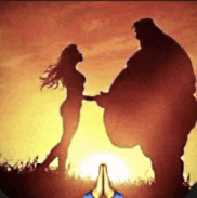 a silhouette of a man and a woman with their hands folded in prayer