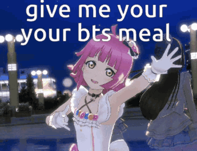 a picture of a girl with pink hair and the words give me your your bts meal