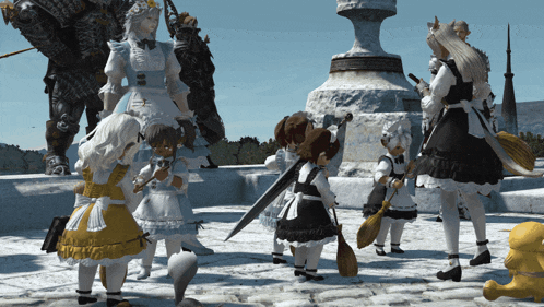 a group of maids are standing in front of a large statue