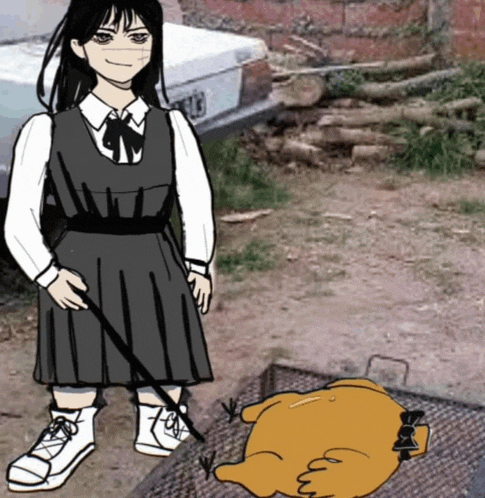 a girl in a school uniform is standing next to a chicken in a cage