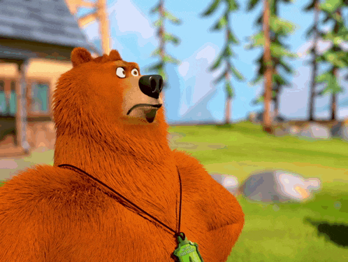 a cartoon bear is wearing a necklace that says " i love you " on it
