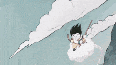 a cartoon of a boy flying through the air holding a stick