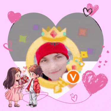 a woman with a red dot on her nose is surrounded by hearts