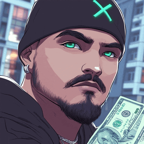 a man with a beard and green eyes is holding a dollar bill