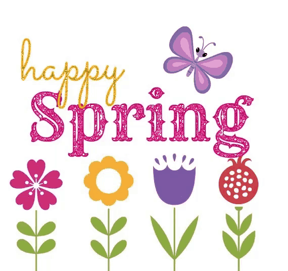 a greeting card that says happy spring with flowers and butterflies