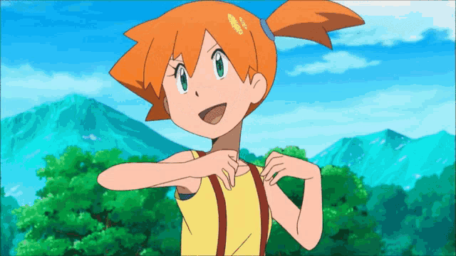 a girl with orange hair and a yellow shirt is standing in front of a mountain