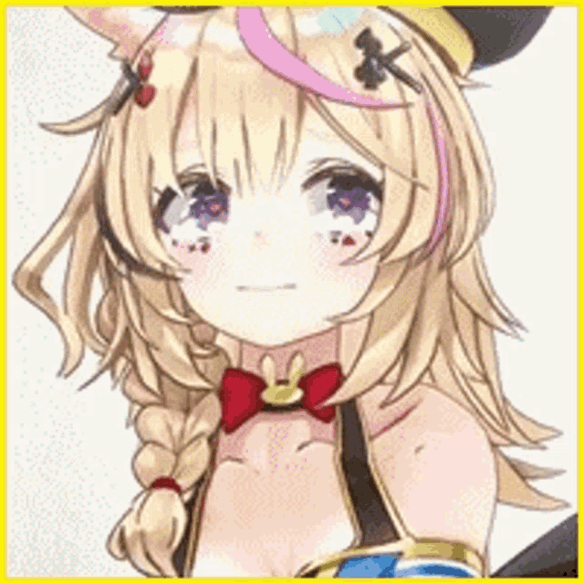 a close up of a blonde anime girl with purple eyes and a hat .