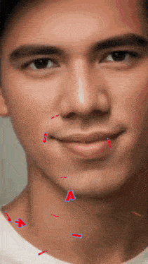 a close up of a man 's face with the letters a and s on his neck