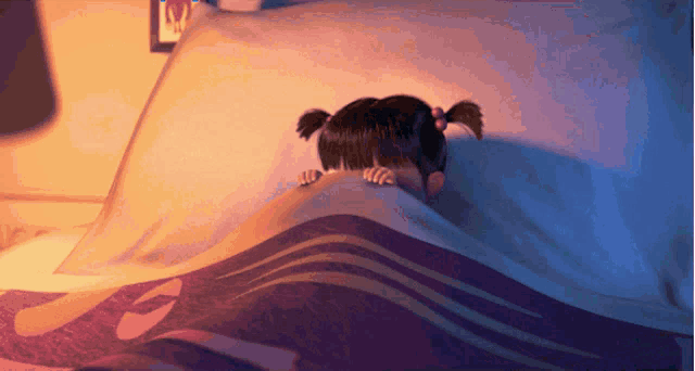 a cartoon character is hiding under a blanket