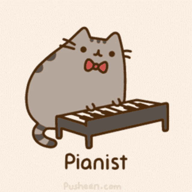 a cat wearing a bow tie sits on a piano keyboard with the word pianist below it