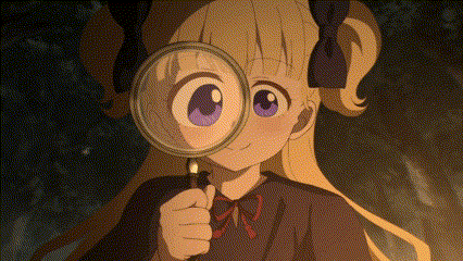 a little girl with purple eyes is looking through a magnifying glass .