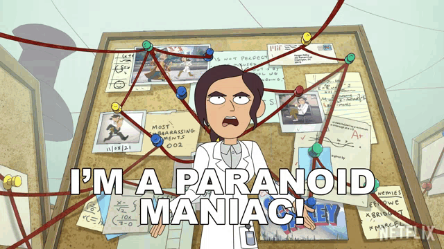a cartoon of a woman standing in front of a bulletin board that says i 'm a paranoid maniac key