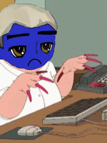 a cartoon of a person with long nails and a blue face