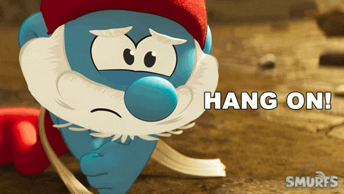 a smurf with a beard and a red hat is holding a piece of paper that says hang on