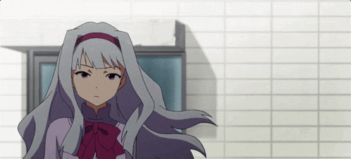 a girl with long white hair and a purple bow on her head
