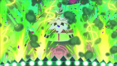 a cartoon character with a star on his head is surrounded by green confetti