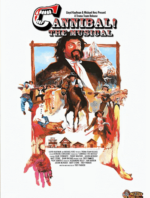 a poster for cannibal the musical with a man on a horse