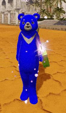a blue teddy bear is standing on a sandy ground
