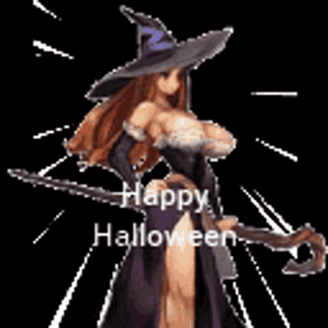 a woman in a witch costume is holding a broom and a sword .