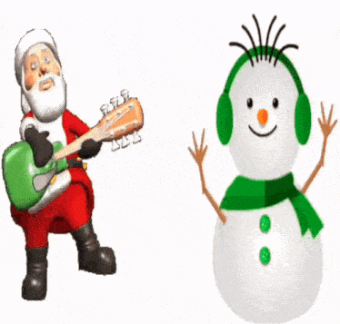 a cartoon of santa playing a guitar next to a snowman wearing headphones