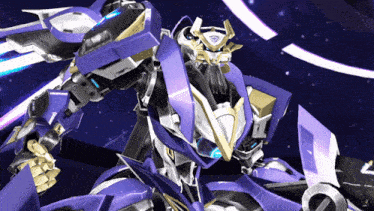 a purple and gold robot with the number 1 on it