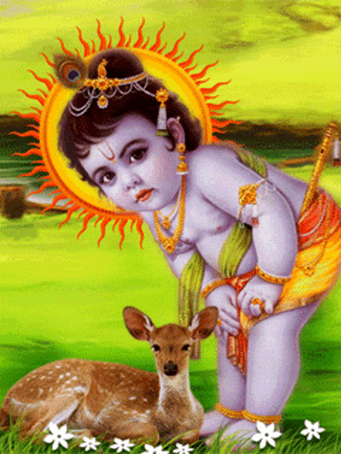a painting of a baby krishna standing next to a baby deer