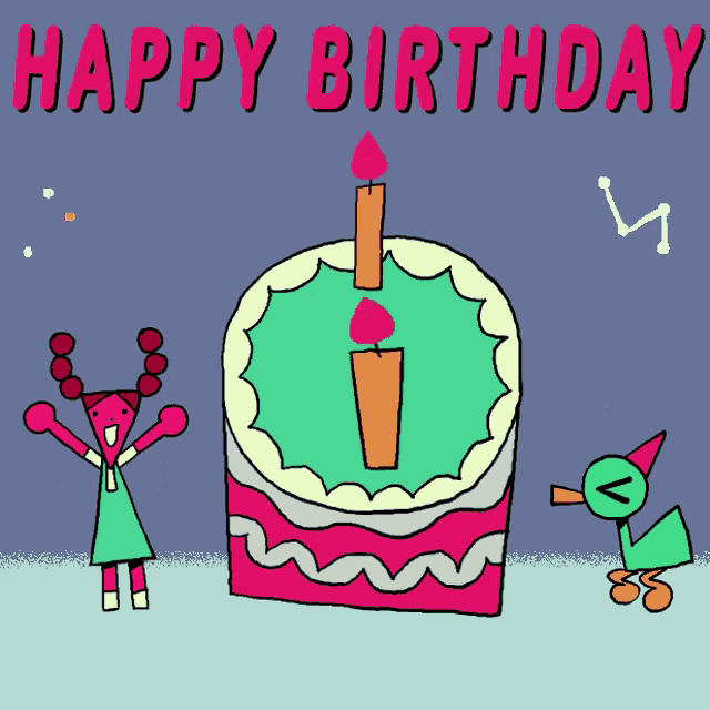 a cartoon drawing of a birthday cake with a candle and the words happy birthday above it