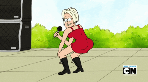 a woman in a red dress is squatting down holding a microphone in a cartoon for cartoon network