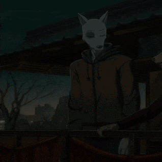 a cartoon of a man with a wolf 's head standing on a balcony