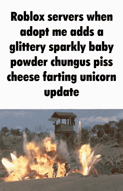 a poster that says roblox servers when adopt me adds a glittery sparkly baby powder chugus piss cheese farting unicorn