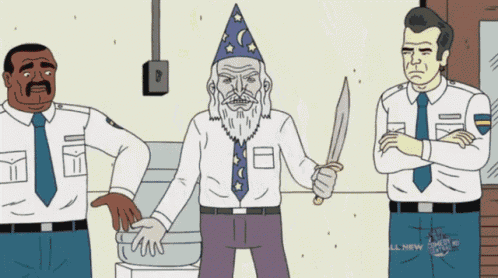 a cartoon of a man in a wizard hat holding a knife standing next to two security guards
