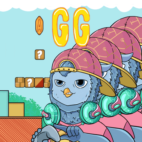 a cartoon of a bird wearing headphones and a hat with the letters gg on it