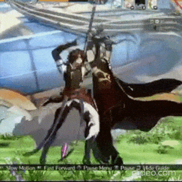 a video game character is holding a sword and riding a horse