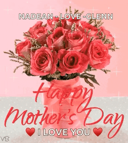 a mother 's day card with a vase of red roses