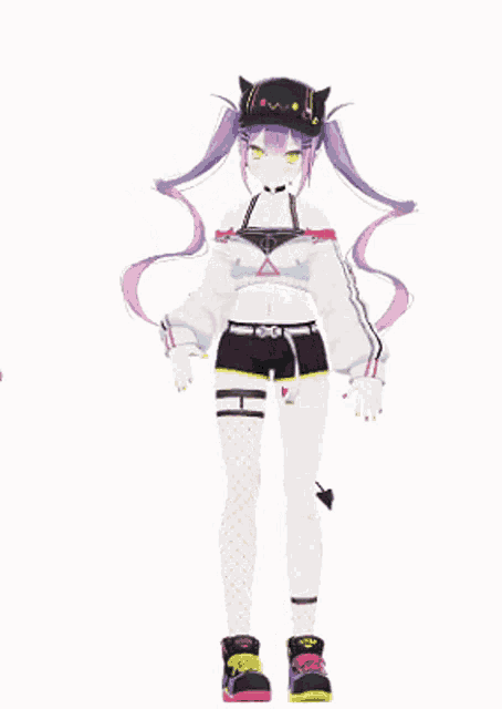 a 3d anime girl with purple hair and a cat hat