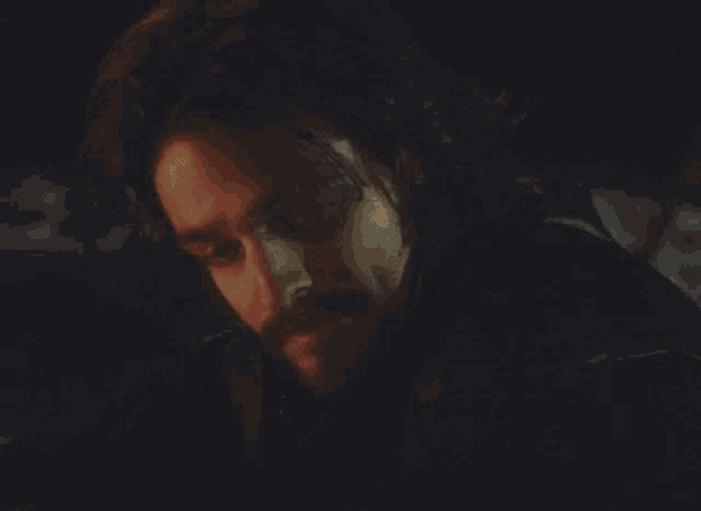 a close up of a man 's face with a beard and long hair