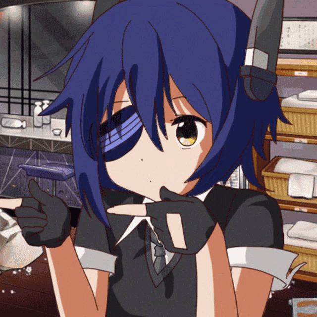 a drawing of a girl with blue hair giving a thumbs up sign