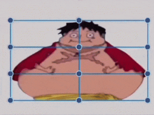 a cartoon character with a big belly is surrounded by blue squares