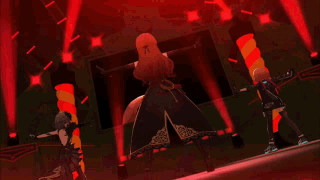 a couple of people dancing in a dark room with red lights behind them